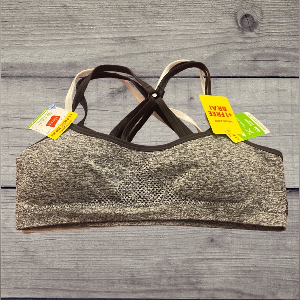 Hanes Girls' Seamless Racerback Bra Pack 2pk + 1 Bonus Black White & Grey LG NEW